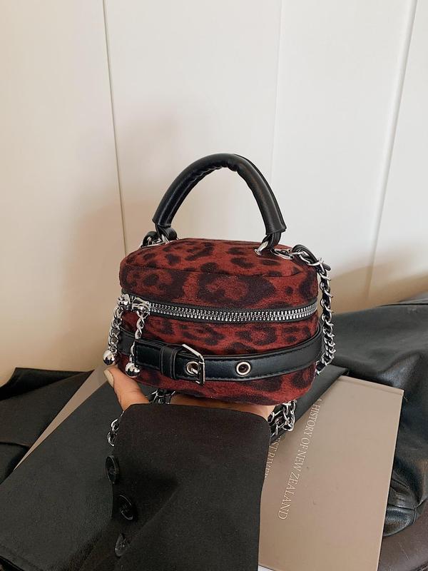 Women's Elegant Fashion Leopard Print Chain Strap Box Shaped Crossbody Bag, Casual Versatile Handbag for Daily Used, Trendy All-match Commuter Bag