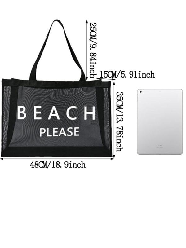 Letter Pattern Tulle Tote Bag, Large Capacity Beach Toiletry Bag, Casual Versatile Shoulder Bag for Women & Men