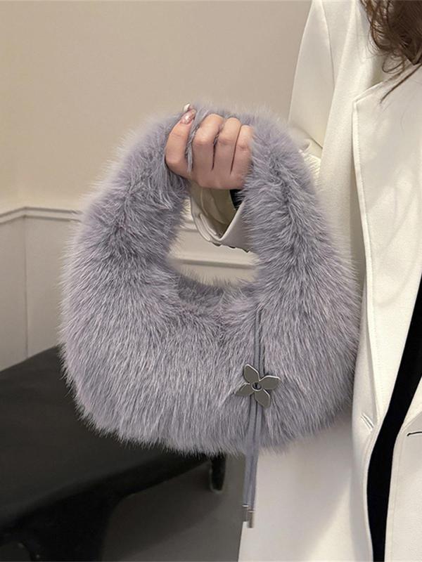 Women's Solid Color Plush Handbag, with Flower Bag Charm, Fashionable Fluffy Hobo Bag for Daily Used, Casual Trendy Versatile High-quality Daily Commuting Bag