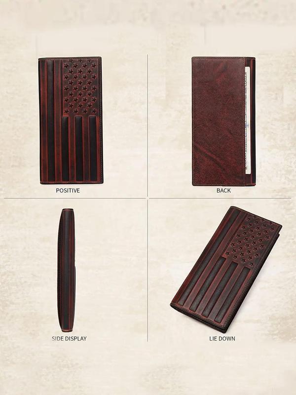 Men's American Flag Embossed Long Wallet, Vintage Cowhide Bifold Wallet, Multi-card Slot Wallet for Men