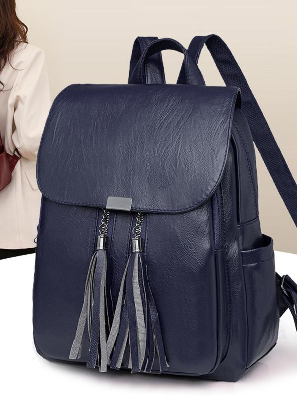 Fashionable Solid Color Tassel Decorated Clamshell Backpack, Casual Large Capacity Pu Leather Zipper Backpack for Women & Girls for Travel, All-match Commuter Bag for Work & Daily Used