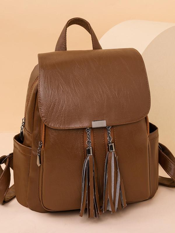 Fashionable Solid Color Tassel Decorated Clamshell Backpack, Casual Large Capacity Pu Leather Zipper Backpack for Women & Girls for Travel, All-match Commuter Bag for Work & Daily Used