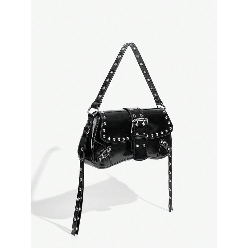 Fashionable Black Stud Shoulder Bag For Women, Versatile, Shopping Bag, Cool, Street Bag, Teenagers