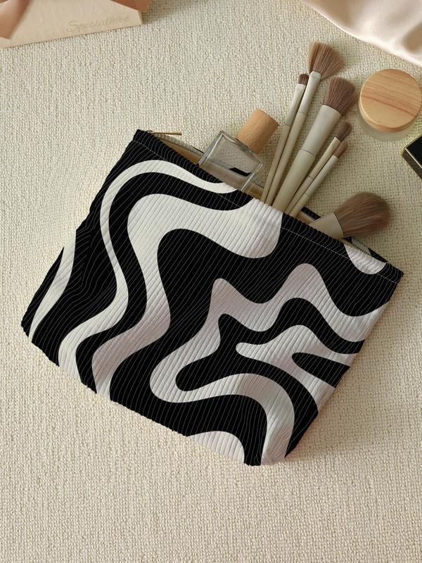 Zebra Stripe Pattern Corduroy Makeup Bag, Casual Lightweight Multi-functional Fashionable Travel Cosmetic Bag, Casual Trendy Versatile High-quality Bag for Women & Girls