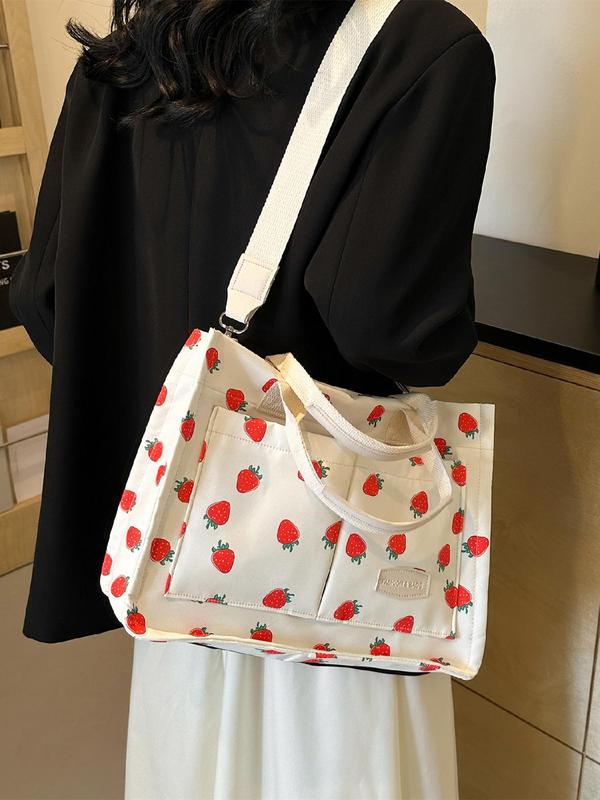 Strawberry Pattern Tote Bag, Fashionable Letters Patched Design Shoulder Bag for Women, Casual Versatile Adjustable Commuter Bag for Work & School