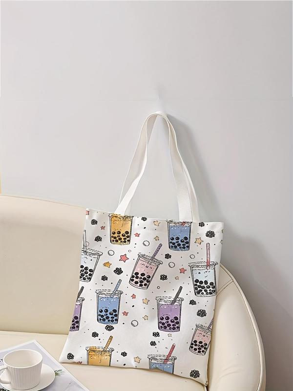 Cartoon Milk Tea Pattern Tote Bag, Casual Trendy Shoulder Bag, Fashionable Tote Bag for Women & Girls for Daily Shopping Office & Various Occasions