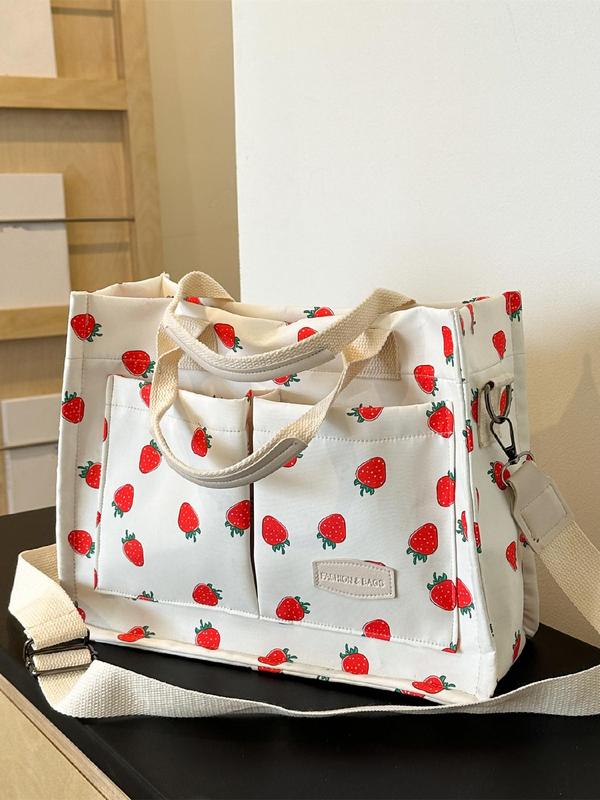 Strawberry Pattern Tote Bag, Fashionable Letters Patched Design Shoulder Bag for Women, Casual Versatile Adjustable Commuter Bag for Work & School