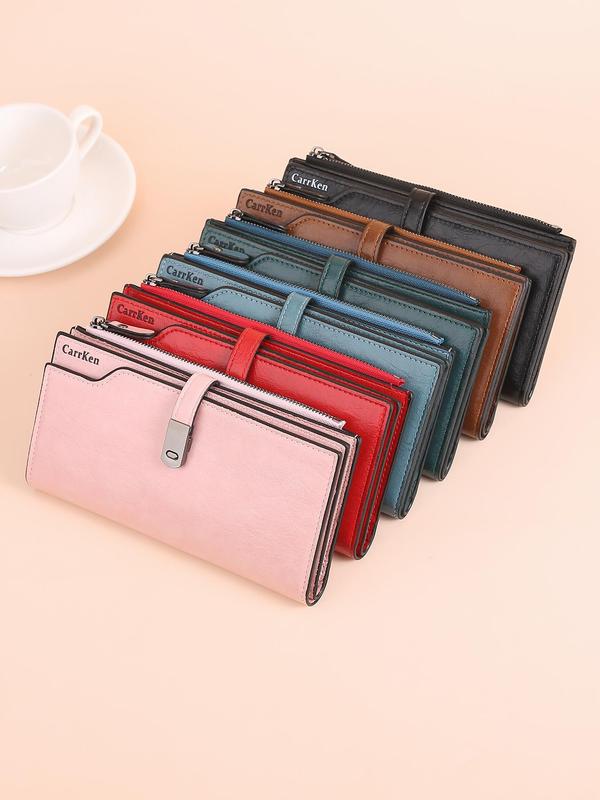 Women's Solid Color Zipper Long Wallet, Fashionable Multi-functional Trifold Card Holder, Casual Versatile Coin Purse for Daily Used