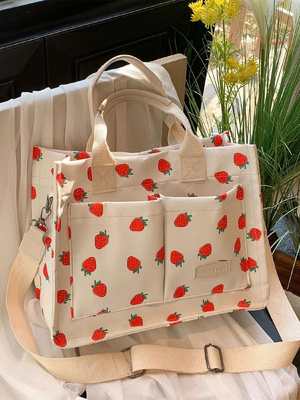 Strawberry Pattern Tote Bag, Fashionable Letters Patched Design Shoulder Bag for Women, Casual Versatile Adjustable Commuter Bag for Work & School