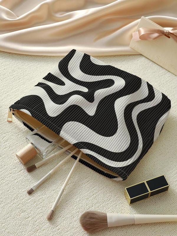 Zebra Stripe Pattern Corduroy Makeup Bag, Casual Lightweight Multi-functional Fashionable Travel Cosmetic Bag, Casual Trendy Versatile High-quality Bag for Women & Girls