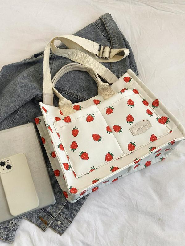 Strawberry Pattern Tote Bag, Fashionable Letters Patched Design Shoulder Bag for Women, Casual Versatile Adjustable Commuter Bag for Work & School