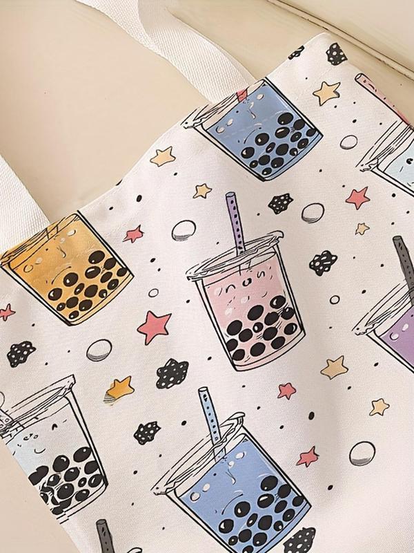 Cartoon Milk Tea Pattern Tote Bag, Casual Trendy Shoulder Bag, Fashionable Tote Bag for Women & Girls for Daily Shopping Office & Various Occasions