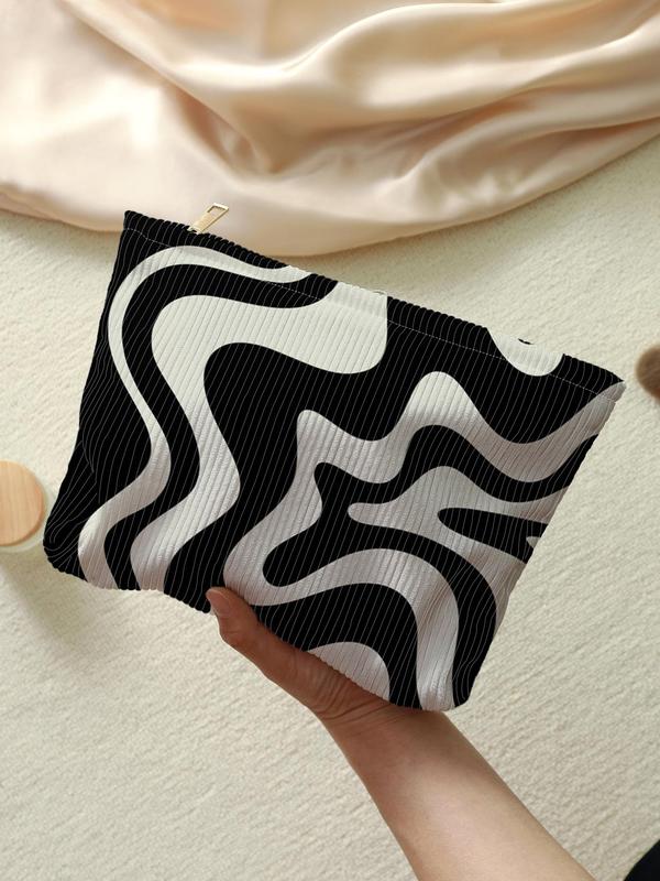 Zebra Stripe Pattern Corduroy Makeup Bag, Casual Lightweight Multi-functional Fashionable Travel Cosmetic Bag, Casual Trendy Versatile High-quality Bag for Women & Girls