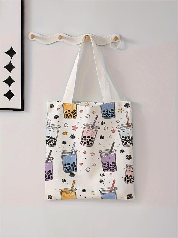 Cartoon Milk Tea Pattern Tote Bag, Casual Trendy Shoulder Bag, Fashionable Tote Bag for Women & Girls for Daily Shopping Office & Various Occasions