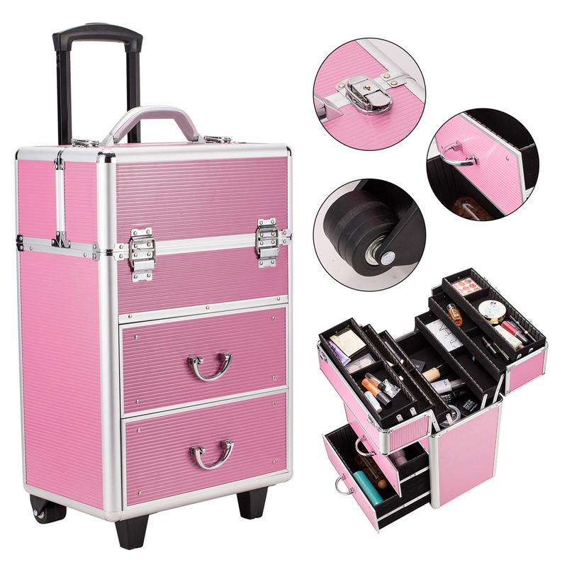 Gifts for Mom, 4 Tier Lockable Cosmetic Makeup Train Case with Extendable Trays, Mother's Day Gifts for Mom, Pink