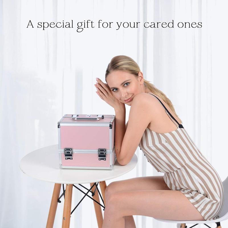 3 Trays Makeup Case with Mirror Brush Holder Professional Cosmetic Box Organizer Lockable Travel Train Case Mermaid Pink