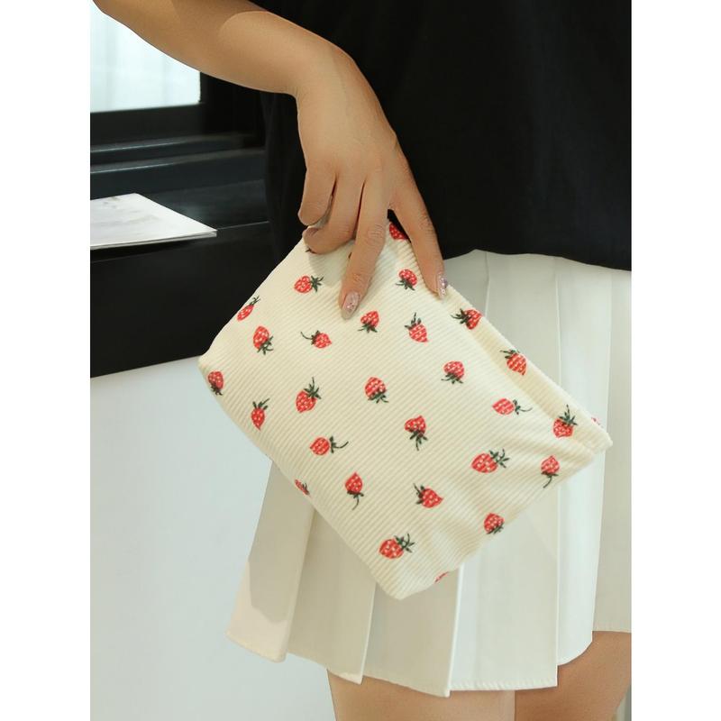 Beige Strawberry Pattern Cosmetic Bags For Women Corduroy Cosmetic Bag Aesthetic Women Handbags Purses Storage Makeup Bag Girls Case Bags Travel Storage Bag Cute Makeup Bag Back To School School Bag Travel Essentials Travel Organizer