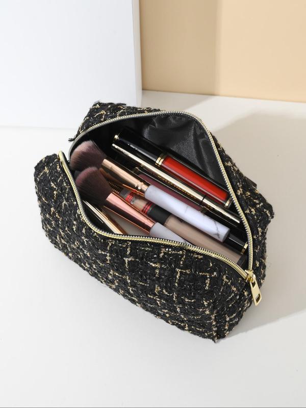 Women's Elegant Tweed Design Makeup Bag, Trendy Large Capacity Cosmetics Bag, Versatile Makeup Storage Bag for Outing & Holiday Use