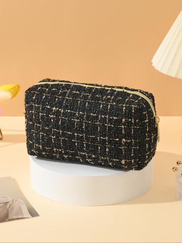 Women's Elegant Tweed Design Makeup Bag, Trendy Large Capacity Cosmetics Bag, Versatile Makeup Storage Bag for Outing & Holiday Use