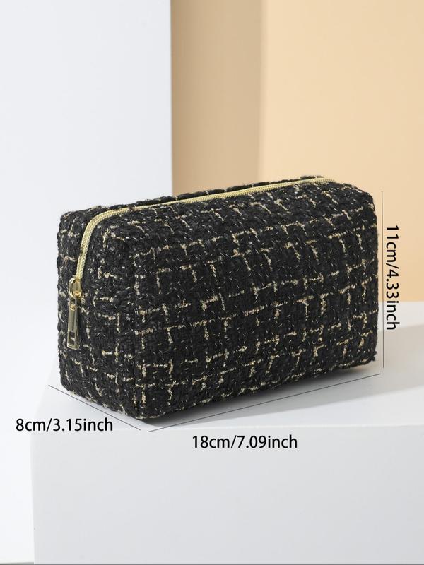 Women's Elegant Tweed Design Makeup Bag, Trendy Large Capacity Cosmetics Bag, Versatile Makeup Storage Bag for Outing & Holiday Use