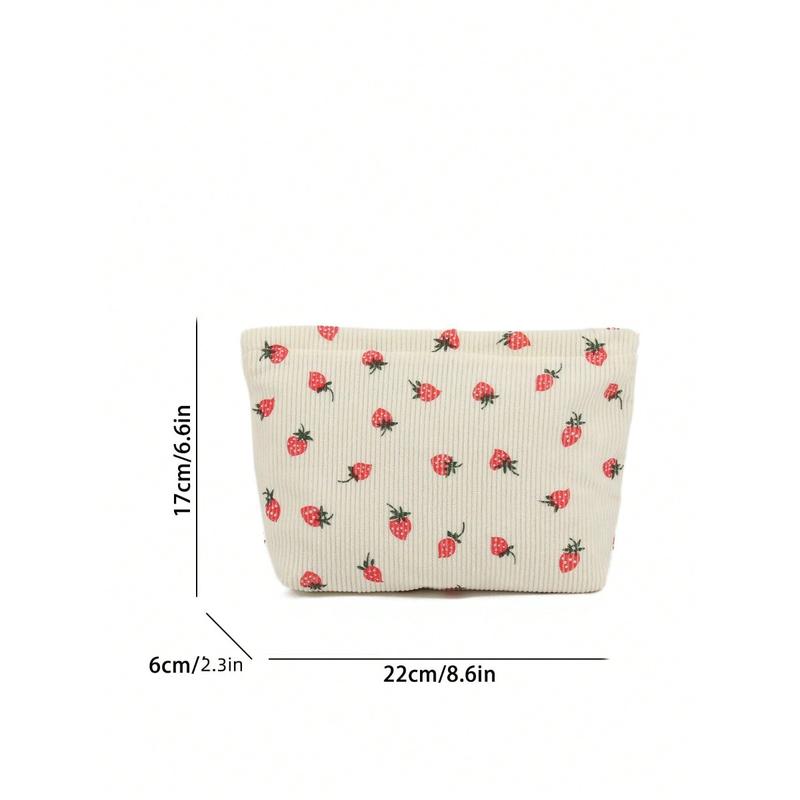 Beige Strawberry Pattern Cosmetic Bags For Women Corduroy Cosmetic Bag Aesthetic Women Handbags Purses Storage Makeup Bag Girls Case Bags Travel Storage Bag Cute Makeup Bag Back To School School Bag Travel Essentials Travel Organizer