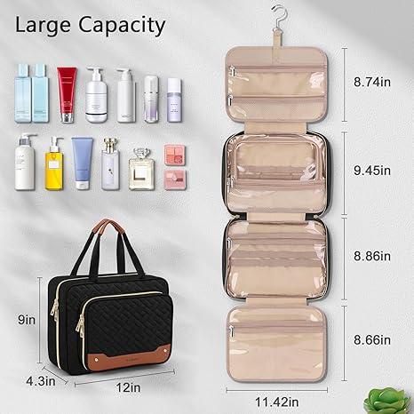 Hanging Travel Toiletry Bag with Jewelry Organizer Compartment Large Makeup Bag, PVC Waterproof  for Travel Business Trips Camping Bathroom, Black