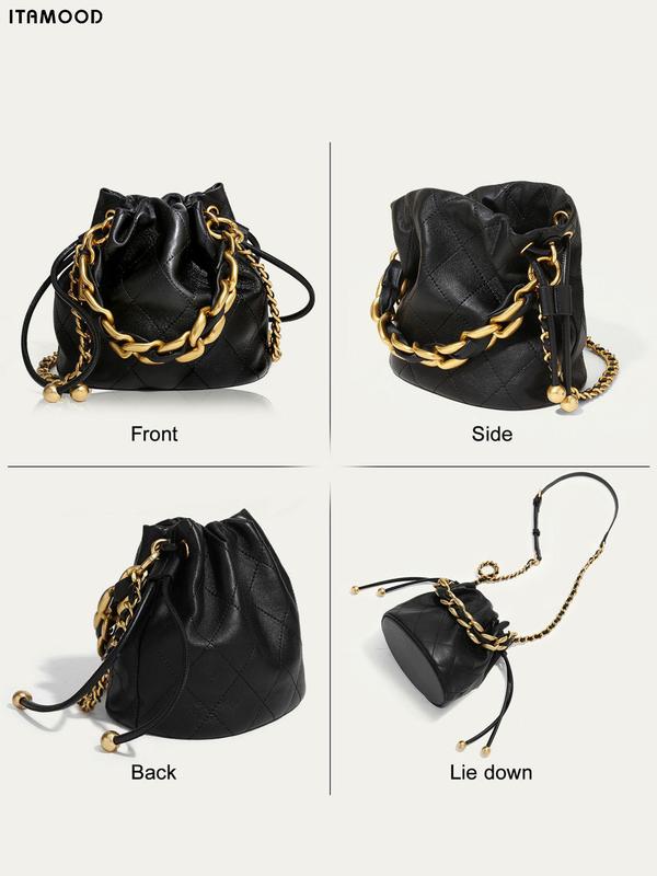 Women's Chain Strap Plaid Quilted Drawstring Design Bucket Bag, Fashionable Shoulder Bag for Daily Used, Casual Trendy Versatile High-quality Daily Commuting Bag