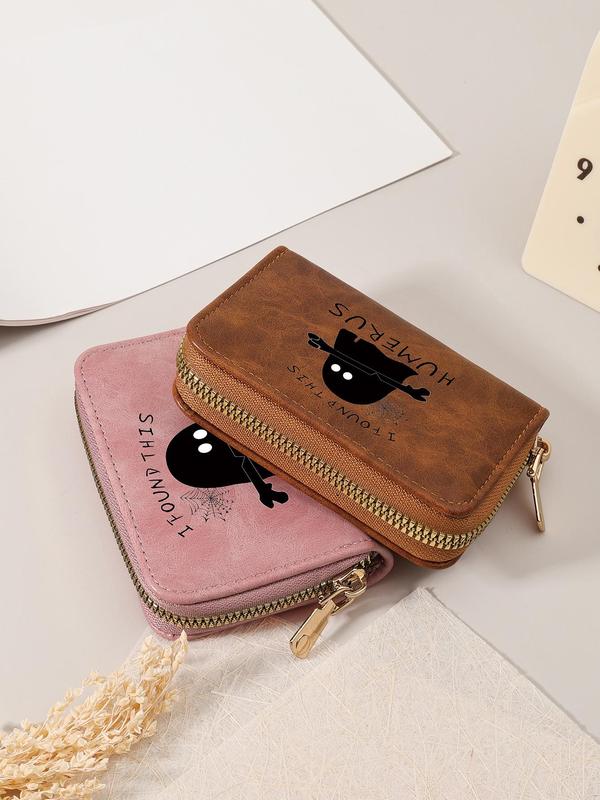 Women's Cute Cartoon Ghost & Letter Pattern Card Holder, Casual  Pattern Zipper Short Wallet, Multi Card Cover Wallet for Daily Use As Halloween Gift