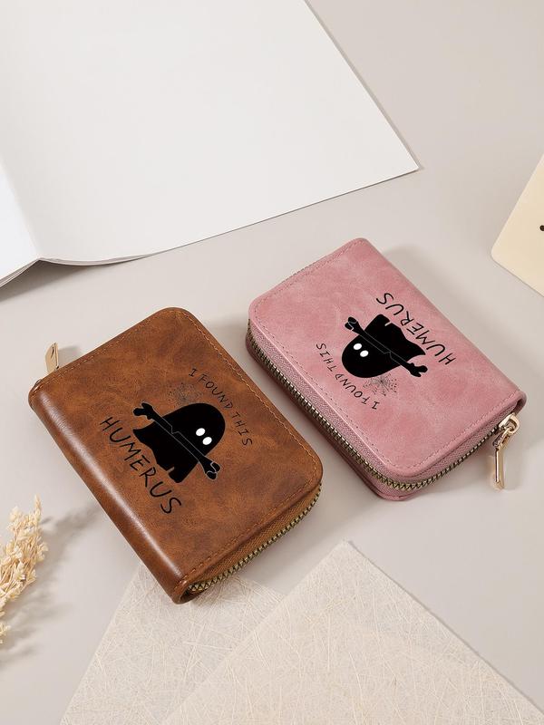 Women's Cute Cartoon Ghost & Letter Pattern Card Holder, Casual  Pattern Zipper Short Wallet, Multi Card Cover Wallet for Daily Use As Halloween Gift