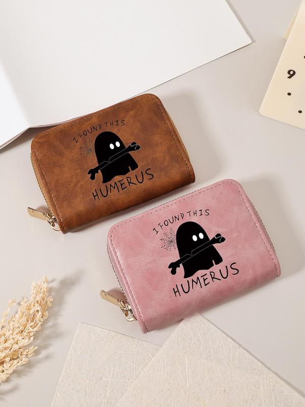 Women's Cute Cartoon Ghost & Letter Pattern Card Holder, Casual  Pattern Zipper Short Wallet, Multi Card Cover Wallet for Daily Use As Halloween Gift