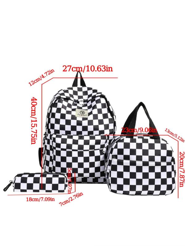 Fashion Checked Pattern Backpack & Lunch Bag & Pencil Case Set, Casual Lightweight Large Capacity Storage Zipper Backpack Set, Versatile Bag Set for Travel & School