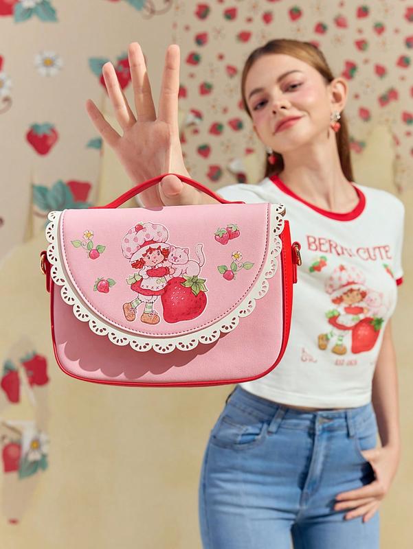 Strawberry Shortcake Cartoon Character & Strawberry Pattern Contrast Laser Cut Scallop Edge Pink Shoulder Bag | Trendy & Cute Strawberry Purse for Stylish Days