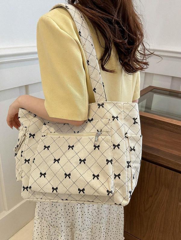 Women's Lightweight Shoulder Tote Bag with Multiple Pockets, Contrasting Color Bow Print and Large Capacity, Suitable for School and College Students
