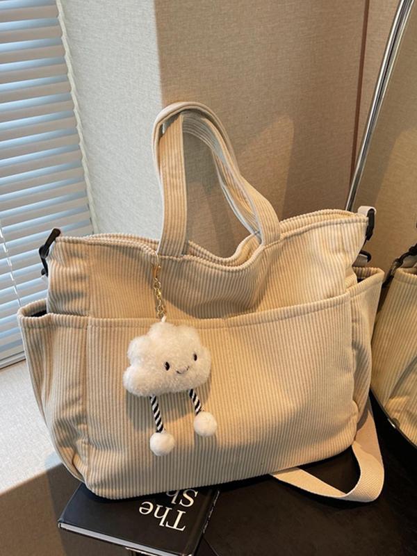 Women's Solid Color Corduroy Tote Bag, Large Capacity Shoulder Bag with Pendant, Casual Trendy Versatile High-quality Daily Commuting Bag, Girl Fashionable Bag