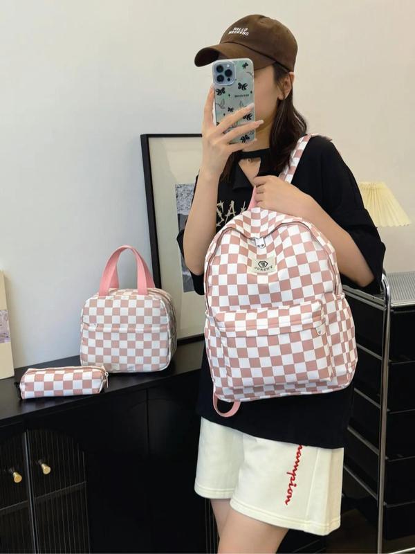 Fashion Checked Pattern Backpack & Lunch Bag & Pencil Case Set, Casual Lightweight Large Capacity Storage Zipper Backpack Set, Versatile Bag Set for Travel & School