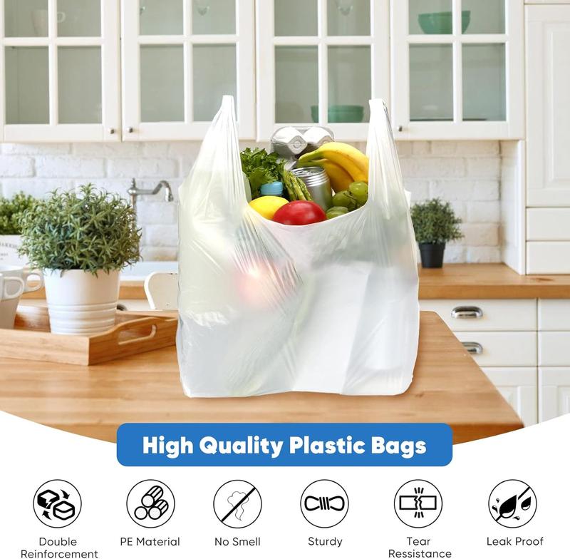 100 Pack Plastic Bags with Handles | 25 Microns | 11.5”x6.5”x21” | Grocery & Shopping Bags | Bulk T-Shirt Bags for Small Businesses & Restaurants