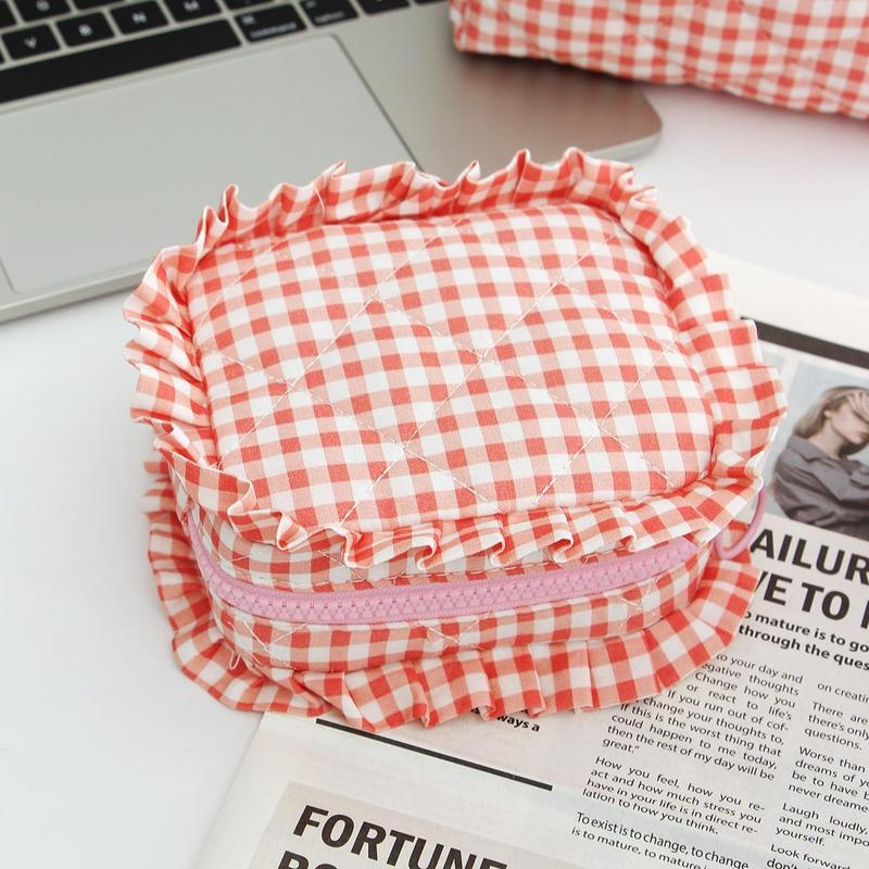 Portable Makeup Bag Set, 3 Counts set Plaid Pattern Makeup Bag & Cosmetic Puff, Versatile Sanitary Napkin Storage Bag, Makeup Organizer Pouch
