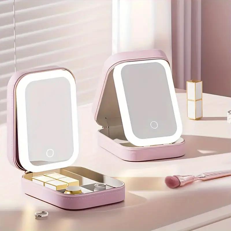 Portable Makeup Travel Box, Large Capacity Cosmetics Storage Box with Mirror and LED Light, Makeup Organizer, Cosmetics Storage Box, Holiday Gifts