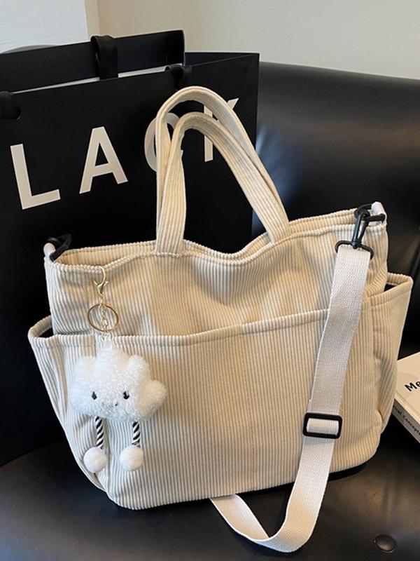 Women's Solid Color Corduroy Tote Bag, Large Capacity Shoulder Bag with Pendant, Casual Trendy Versatile High-quality Daily Commuting Bag, Girl Fashionable Bag