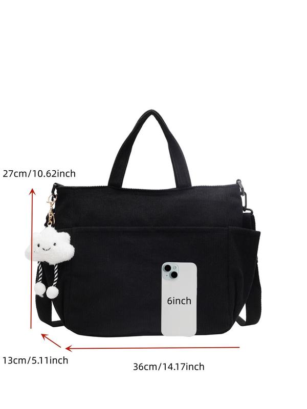Women's Solid Color Corduroy Tote Bag, Large Capacity Shoulder Bag with Pendant, Casual Trendy Versatile High-quality Daily Commuting Bag, Girl Fashionable Bag