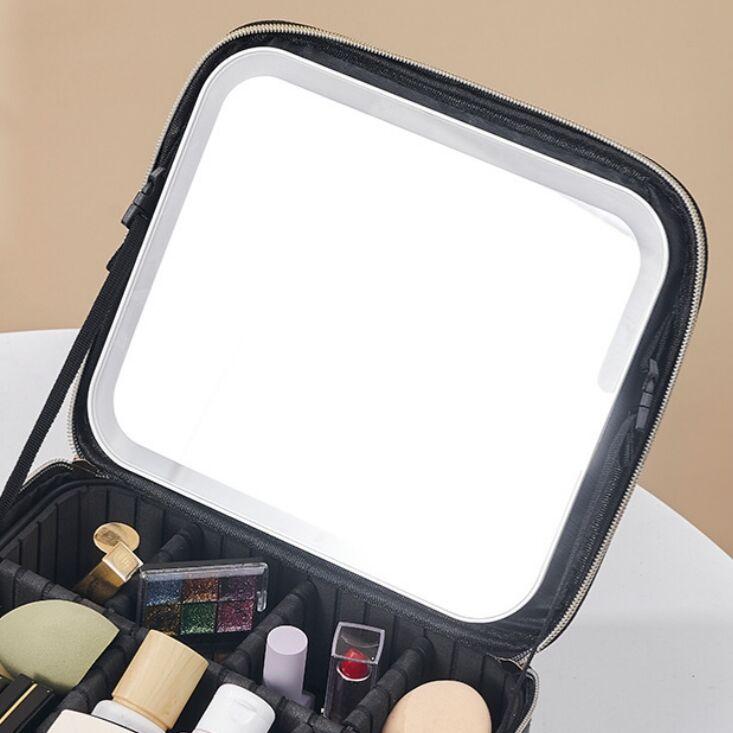 Tragbare LED-Spiegel-Kosmetiktasche, Reise-Kosmetik-Aufbewahrungs box, 3 Lichtfarbtemperaturen, Kosmetikbox mit Trennwand, abnehmbarer Spiegel