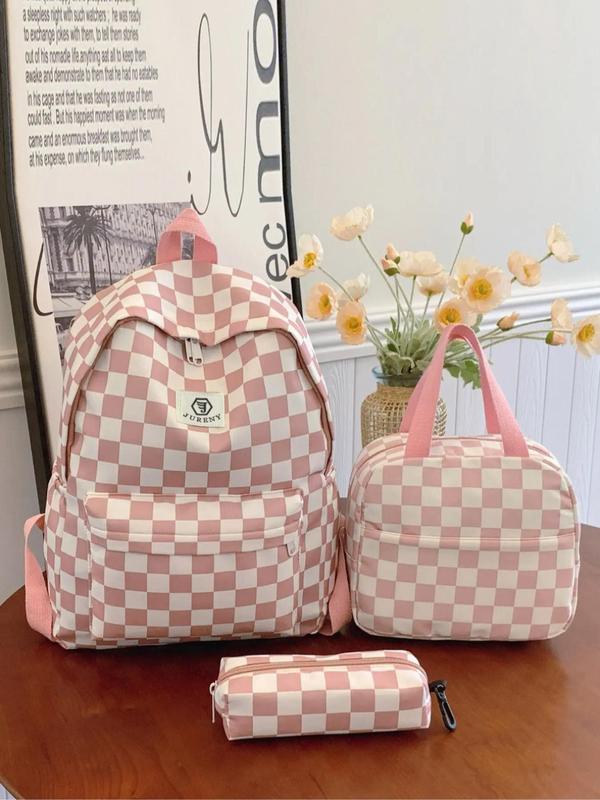 Fashion Checked Pattern Backpack & Lunch Bag & Pencil Case Set, Casual Lightweight Large Capacity Storage Zipper Backpack Set, Versatile Bag Set for Travel & School