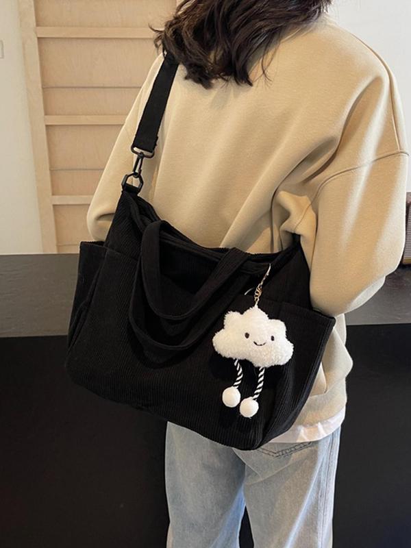 Women's Solid Color Corduroy Tote Bag, Large Capacity Shoulder Bag with Pendant, Casual Trendy Versatile High-quality Daily Commuting Bag, Girl Fashionable Bag