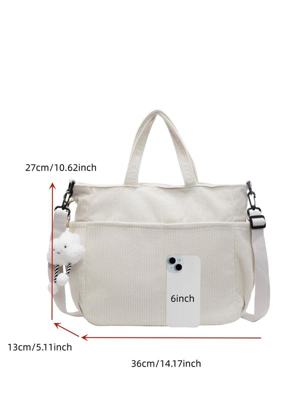 Women's Solid Color Corduroy Tote Bag, Large Capacity Shoulder Bag with Pendant, Casual Trendy Versatile High-quality Daily Commuting Bag, Girl Fashionable Bag