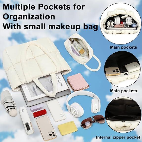 LOIDOU Puffer Tote Bag for Women, Quilted Puffy Purse, Cute Padded Winter Shoulder Bags, Lightweight Down Handbag for Women Work Travel