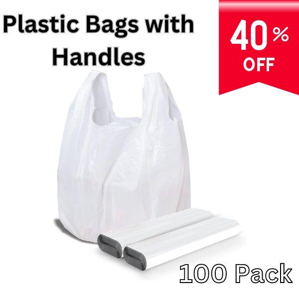 100 Pack Plastic Bags with Handles | 25 Microns | 11.5”x6.5”x21” | Grocery & Shopping Bags | Bulk T-Shirt Bags for Small Businesses & Restaurants