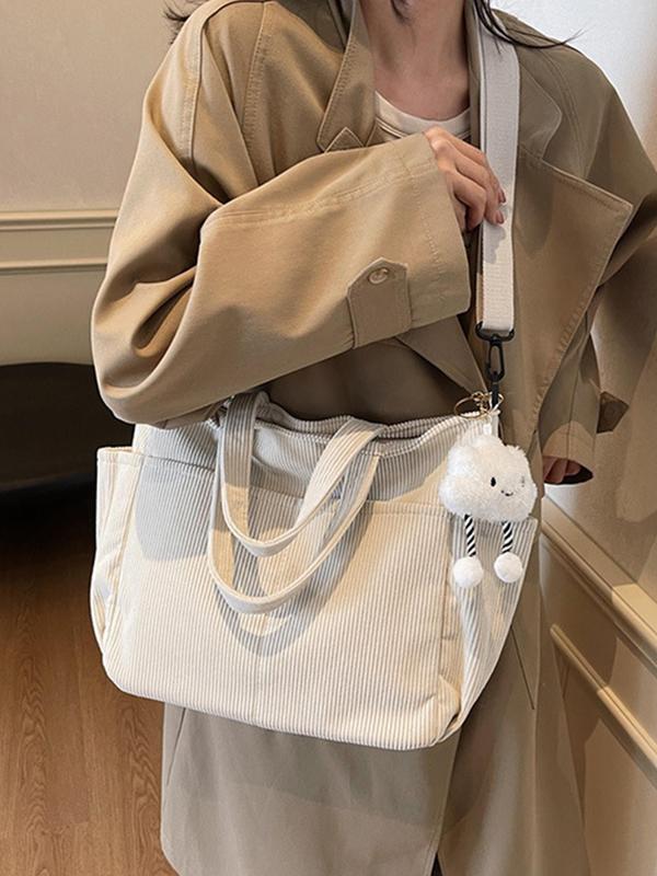 Women's Solid Color Corduroy Tote Bag, Large Capacity Shoulder Bag with Pendant, Casual Trendy Versatile High-quality Daily Commuting Bag, Girl Fashionable Bag