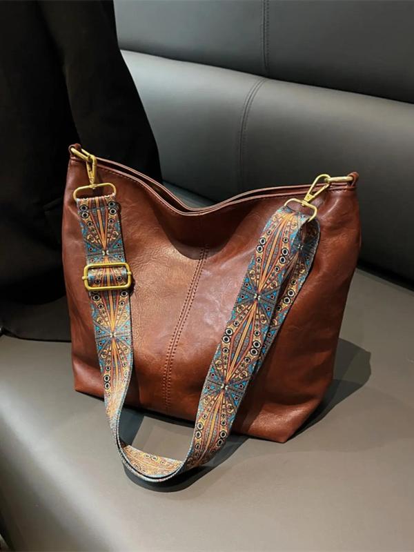 Women's Vintage Ethnic Pattern Strap Shoulder Bag,  Fashionable Large Capacity Tote Bag, Boho Crossbody Bag for Daily Use