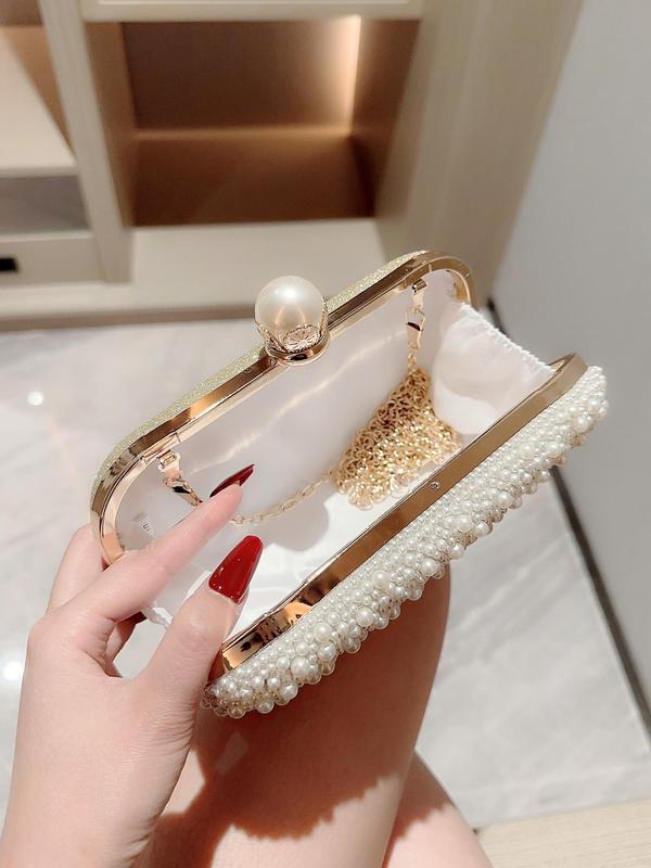 Women's Elegant Faux Pearl Decorated Evening Bag,  Exquisite Chain Strap Shoulder Bag, Trendy Bag for Party Decoration, Engagement