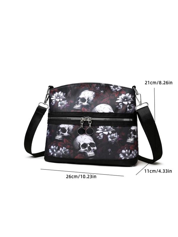 Fashionable Skull & Floral Pattern Zipper Crossbody Bag, Designer Crossbody Bags, Casual Versatile Shoulder Bag for Women, All-match Commuter Bag for Daily Used, Girl Fashionable Shopping Bag